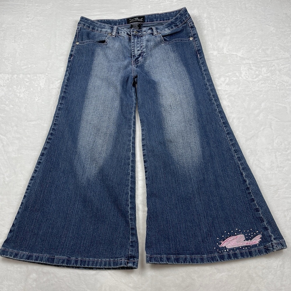 Plush Wide Leg Bell Bottom Denim Capris Women's Size 9 Blue Denim Boho Hippie